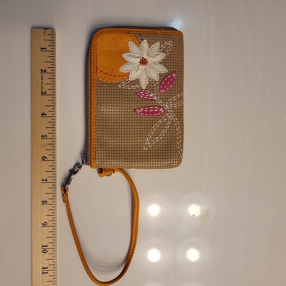 FOSSIL CLUTCH "Flower & Sunshine" Light Brown Leather w/ Pink, Orange, & Cream - Picture 9 of 12